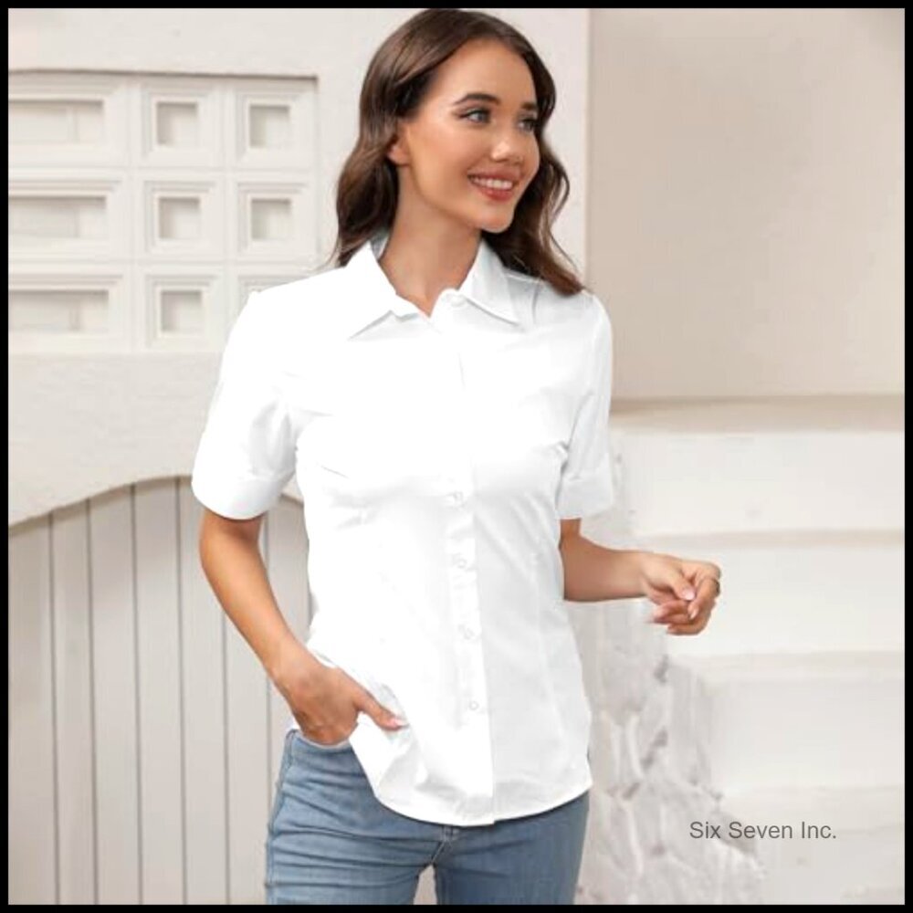 Cotton+Polyester Button Down Shirt Short Sleeve Wrinkle Free Work Blouse - Picture 2 of 7
